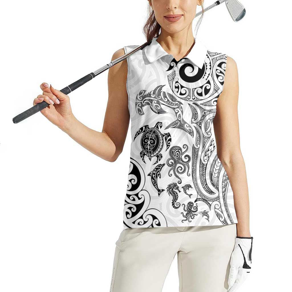 New Zealand Sea Animals with Maori Tribal Tattoo Women Sleeveless Polo Shirt White Color