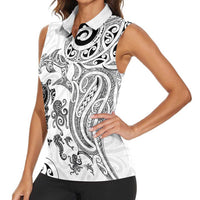 New Zealand Sea Animals with Maori Tribal Tattoo Women Sleeveless Polo Shirt White Color