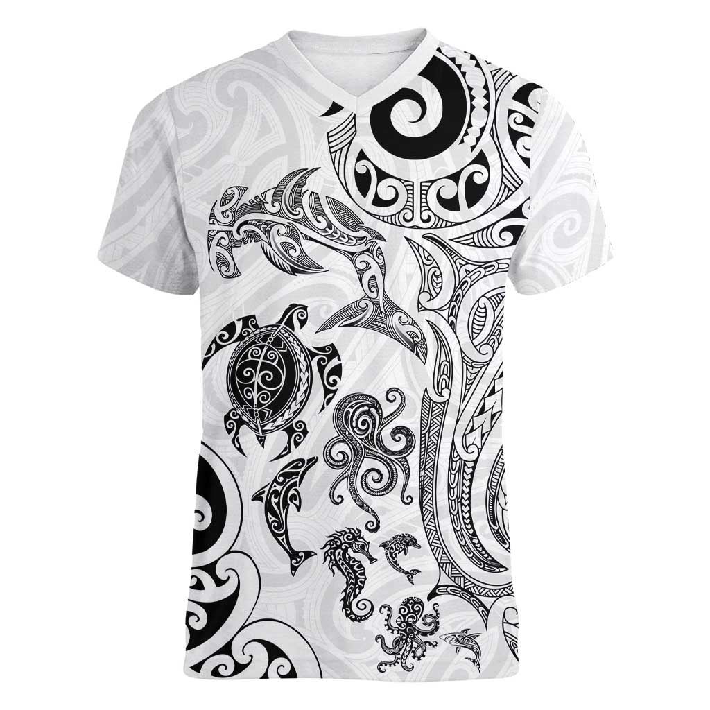 New Zealand Sea Animals with Maori Tribal Tattoo Women V-Neck T-Shirt White Color