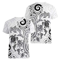 New Zealand Sea Animals with Maori Tribal Tattoo Women V-Neck T-Shirt White Color