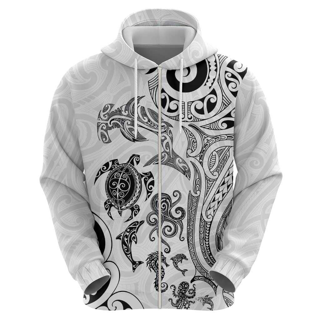 New Zealand Sea Animals with Maori Tribal Tattoo Zip Hoodie White Color