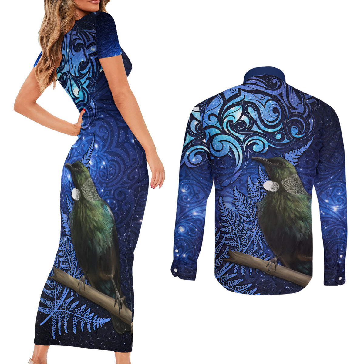 New Zealand Tui Bird Matariki Couples Matching Short Sleeve Bodycon Dress and Long Sleeve Button Shirt Maori New Year with Galaxy Fern