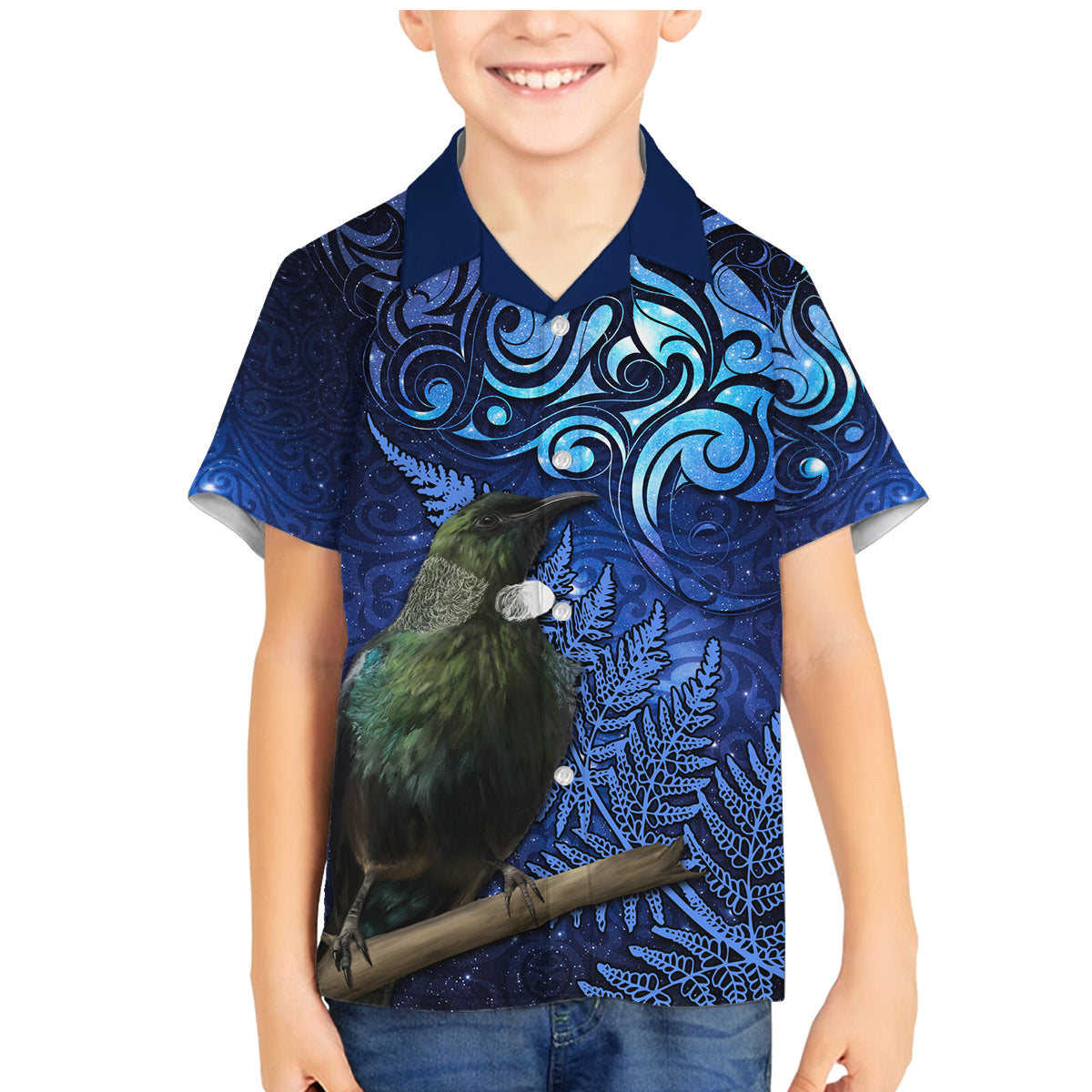New Zealand Tui Bird Matariki Family Matching Mermaid Dress and Hawaiian Shirt Maori New Year with Galaxy Fern