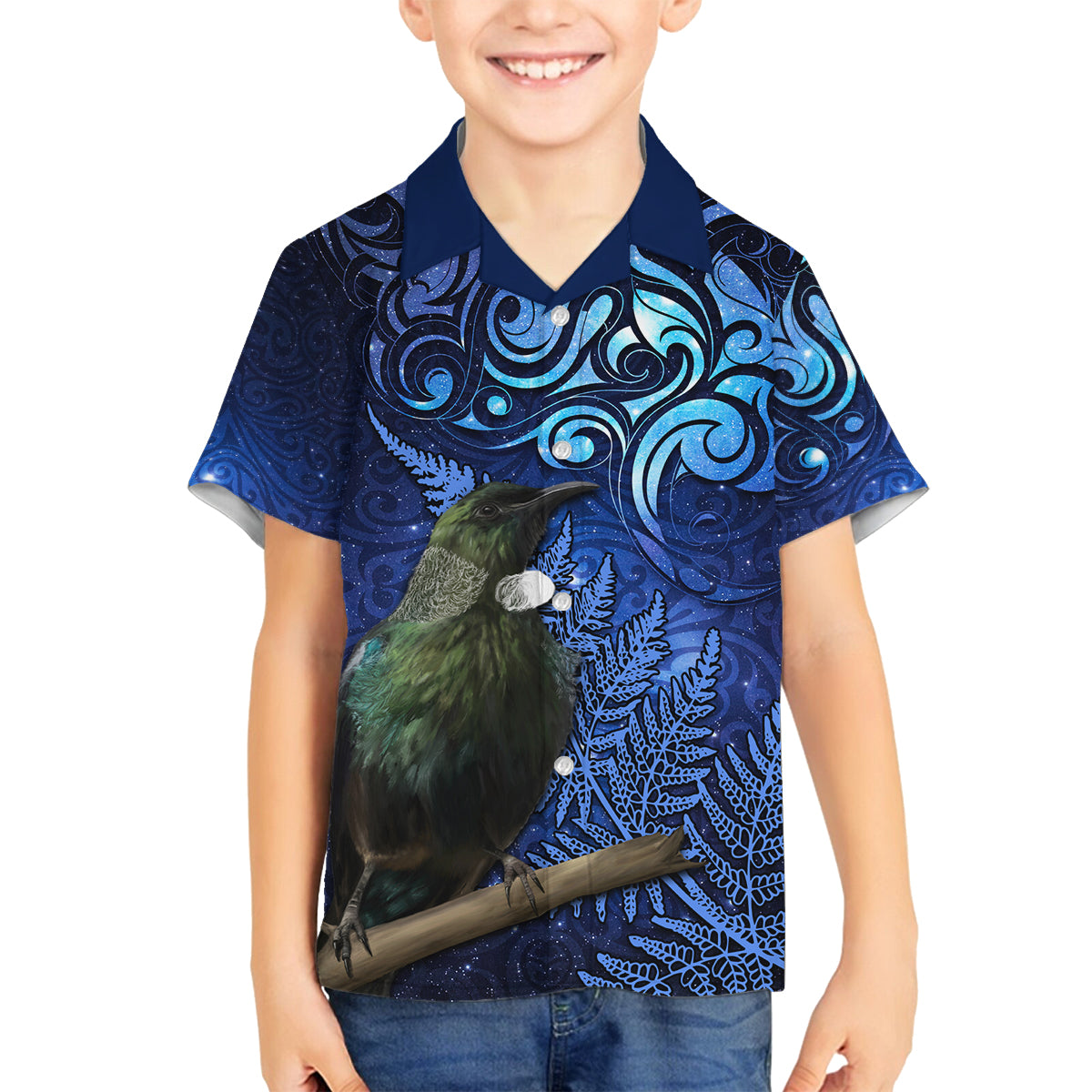 New Zealand Tui Bird Matariki Family Matching Off Shoulder Short Dress and Hawaiian Shirt Maori New Year with Galaxy Fern