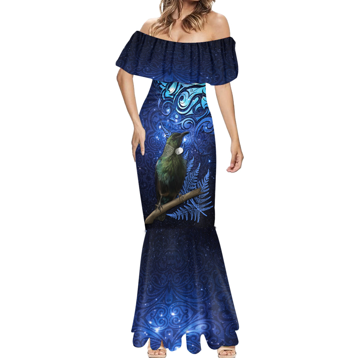 New Zealand Tui Bird Matariki Mermaid Dress Maori New Year with Galaxy Fern