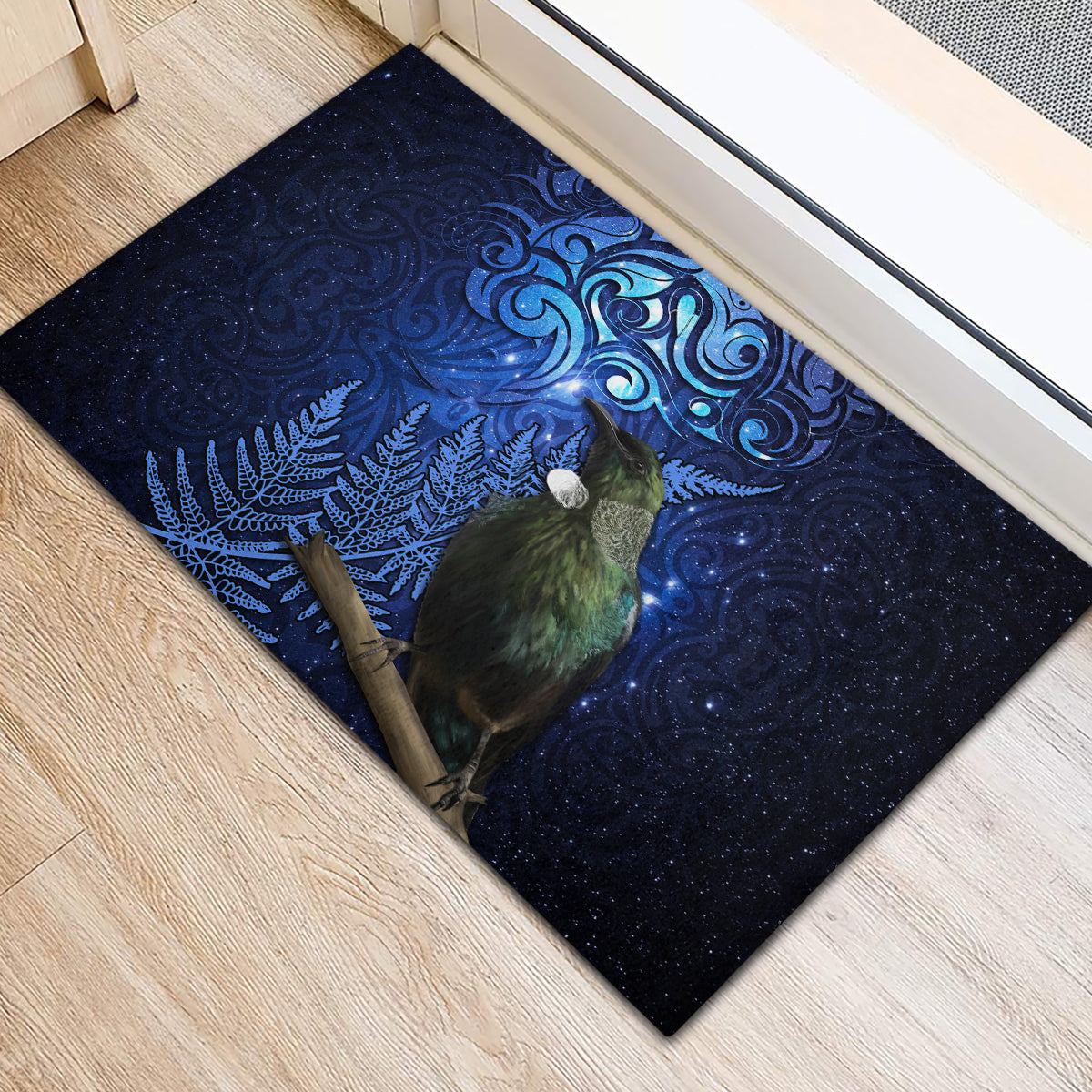 New Zealand Tui Bird Matariki Rubber Doormat Maori New Year with Galaxy Fern