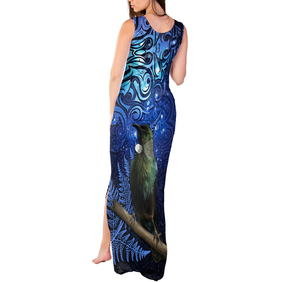 New Zealand Tui Bird Matariki Tank Maxi Dress Maori New Year with Galaxy Fern