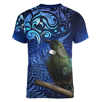 New Zealand Tui Bird Matariki Women V-Neck T-Shirt Maori New Year with Galaxy Fern