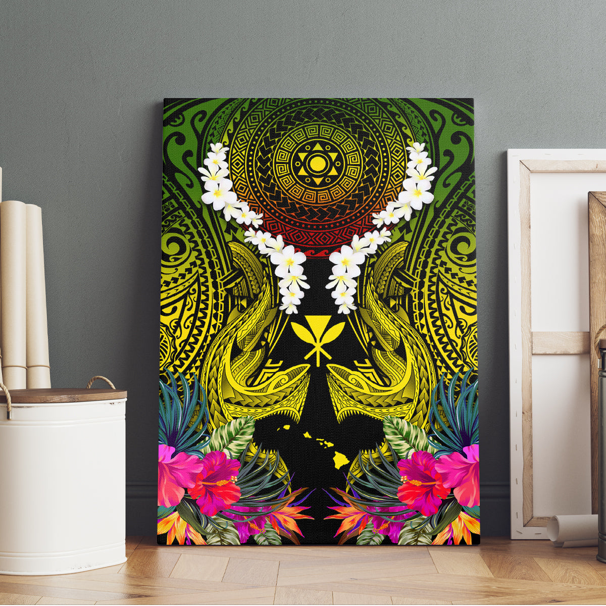 Hawaii Kanaka Maoli Canvas Wall Art Double Shark and Hibiscus Flowers