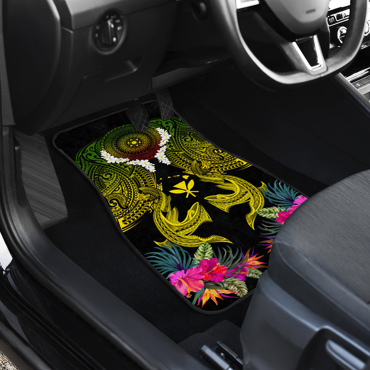 Hawaii Kanaka Maoli Car Mats Double Shark and Hibiscus Flowers