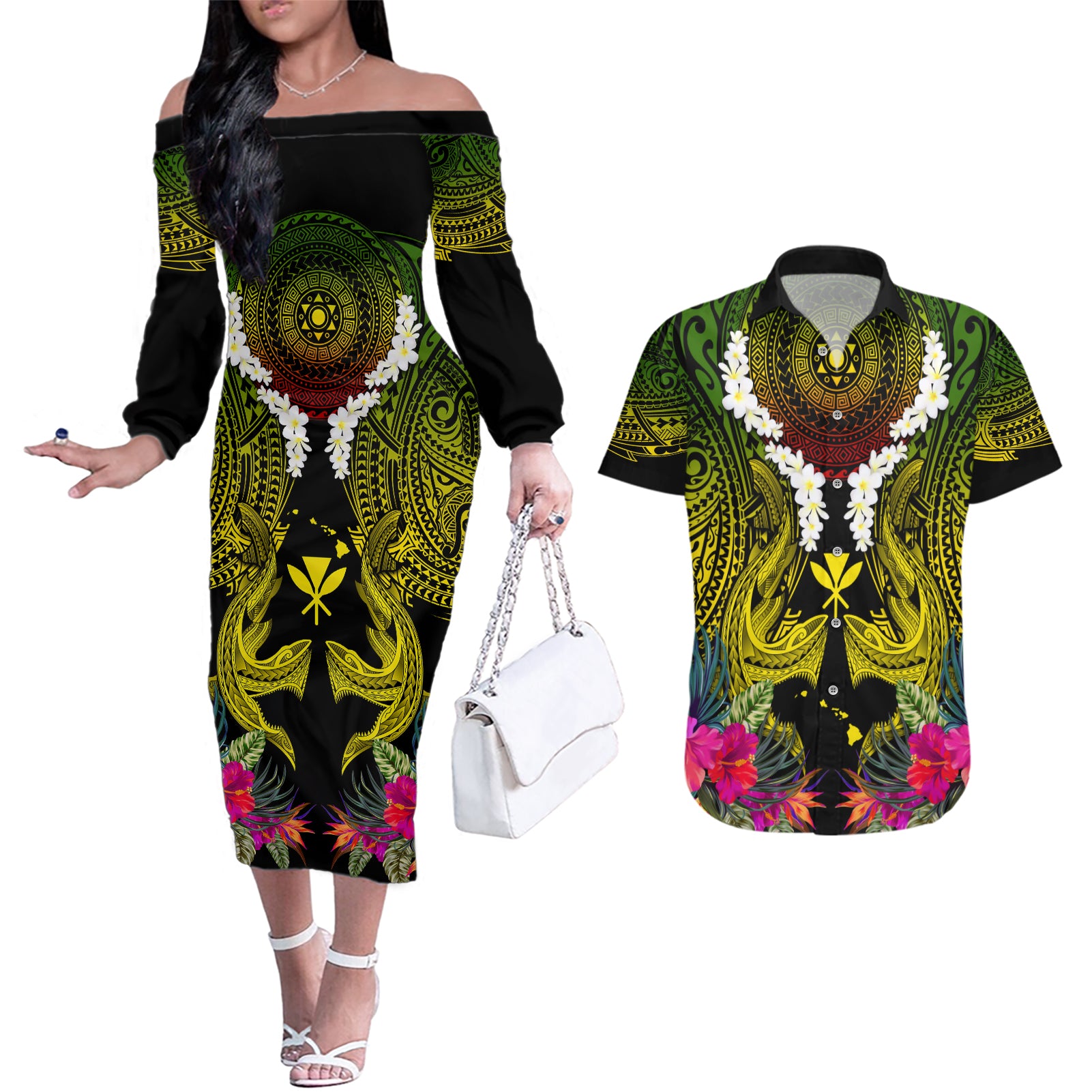 Hawaii Kanaka Maoli Couples Matching Off The Shoulder Long Sleeve Dress and Hawaiian Shirt Double Shark and Hibiscus Flowers