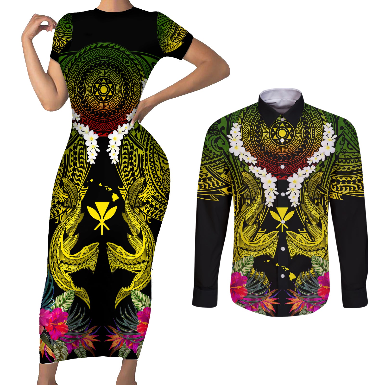Hawaii Kanaka Maoli Couples Matching Short Sleeve Bodycon Dress and Long Sleeve Button Shirt Double Shark and Hibiscus Flowers