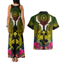 Hawaii Kanaka Maoli Couples Matching Tank Maxi Dress and Hawaiian Shirt Double Shark and Hibiscus Flowers
