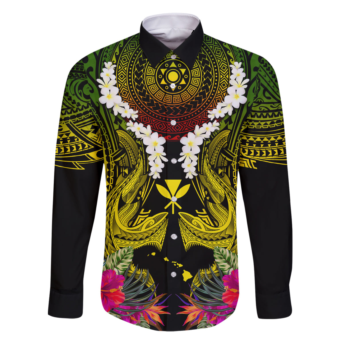 Hawaii Kanaka Maoli Family Matching Long Sleeve Bodycon Dress and Hawaiian Shirt Double Shark and Hibiscus Flowers