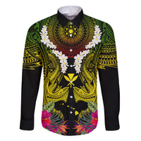 Hawaii Kanaka Maoli Family Matching Long Sleeve Bodycon Dress and Hawaiian Shirt Double Shark and Hibiscus Flowers