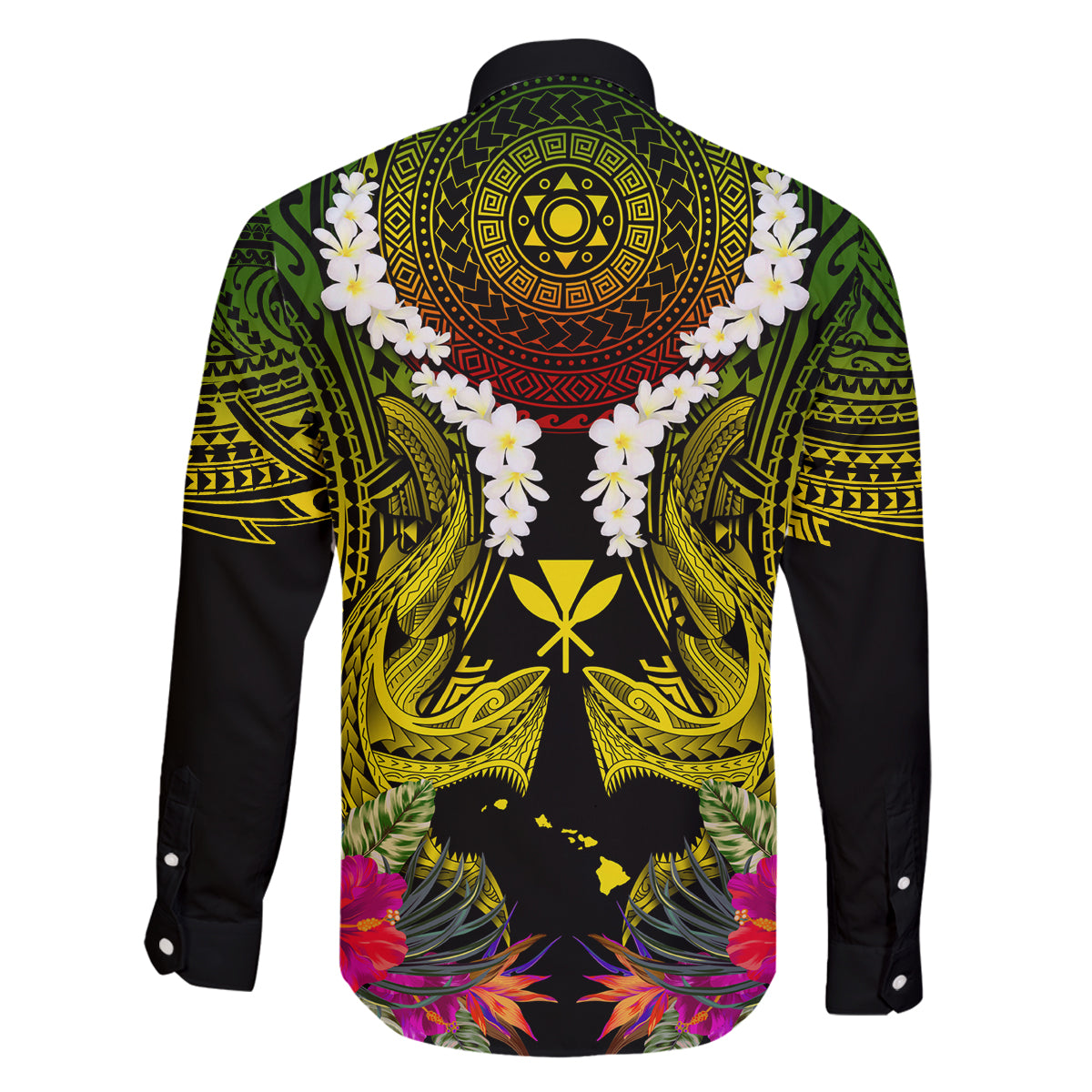 Hawaii Kanaka Maoli Family Matching Off Shoulder Short Dress and Hawaiian Shirt Double Shark and Hibiscus Flowers