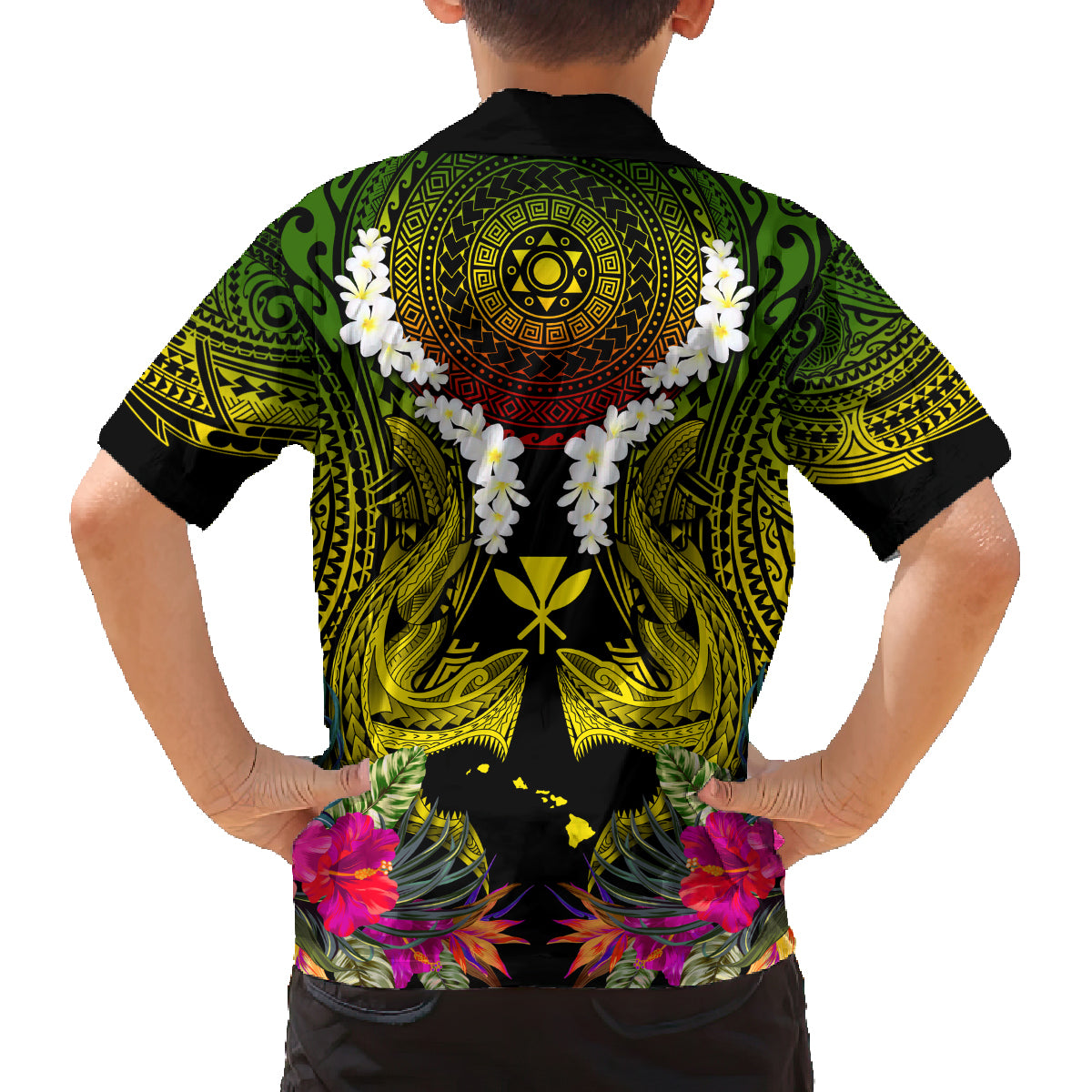 Hawaii Kanaka Maoli Family Matching Tank Maxi Dress and Hawaiian Shirt Double Shark and Hibiscus Flowers