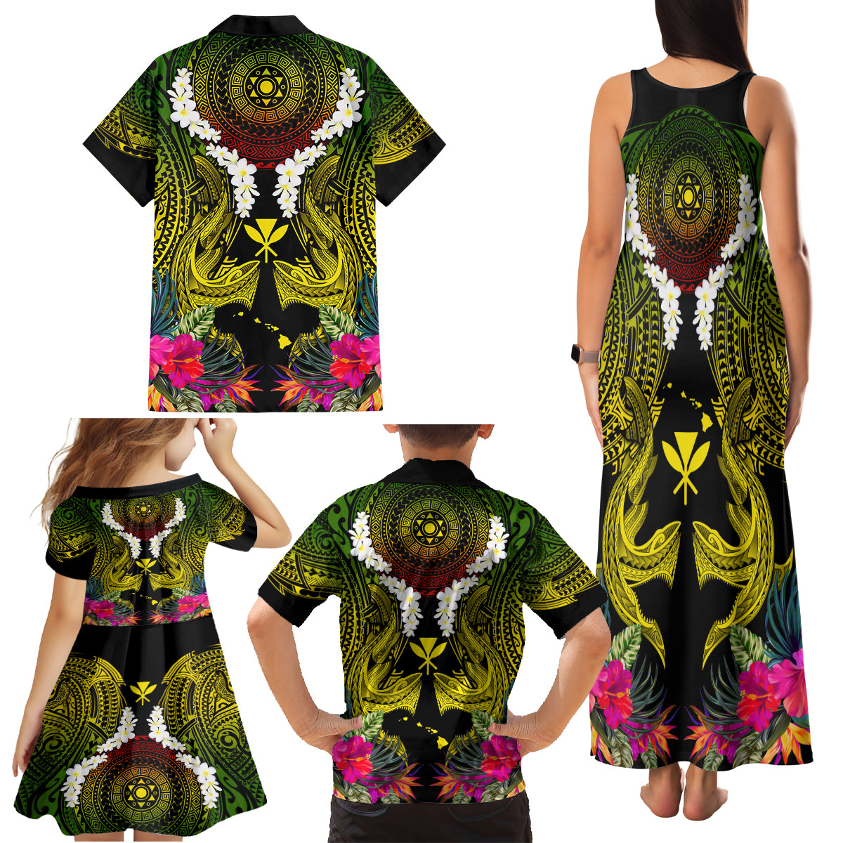 Hawaii Kanaka Maoli Family Matching Tank Maxi Dress and Hawaiian Shirt Double Shark and Hibiscus Flowers