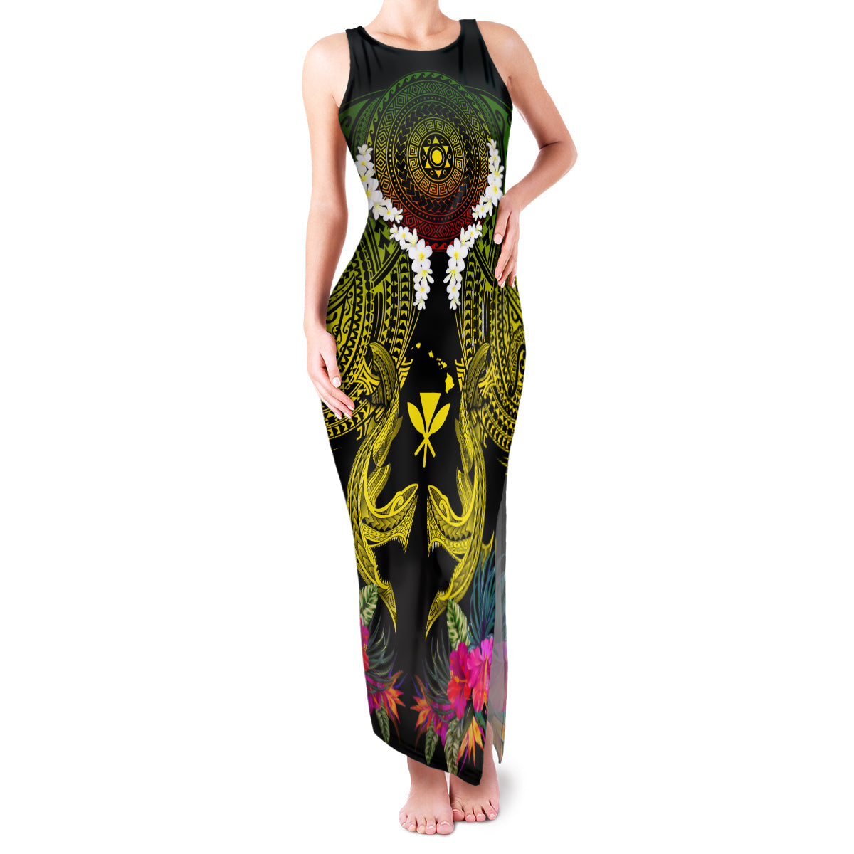 Hawaii Kanaka Maoli Family Matching Tank Maxi Dress and Hawaiian Shirt Double Shark and Hibiscus Flowers