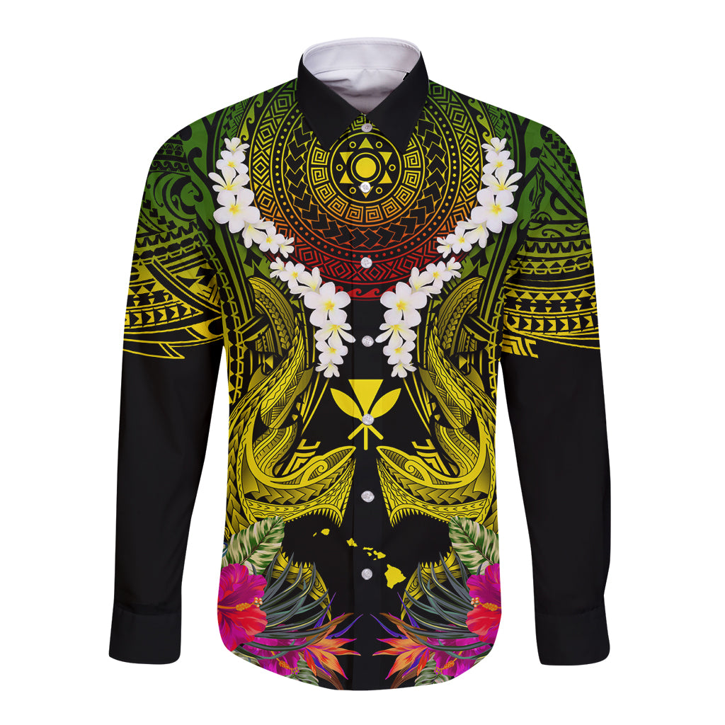Hawaii Kanaka Maoli Long Sleeve Button Shirt Double Shark and Hibiscus Flowers