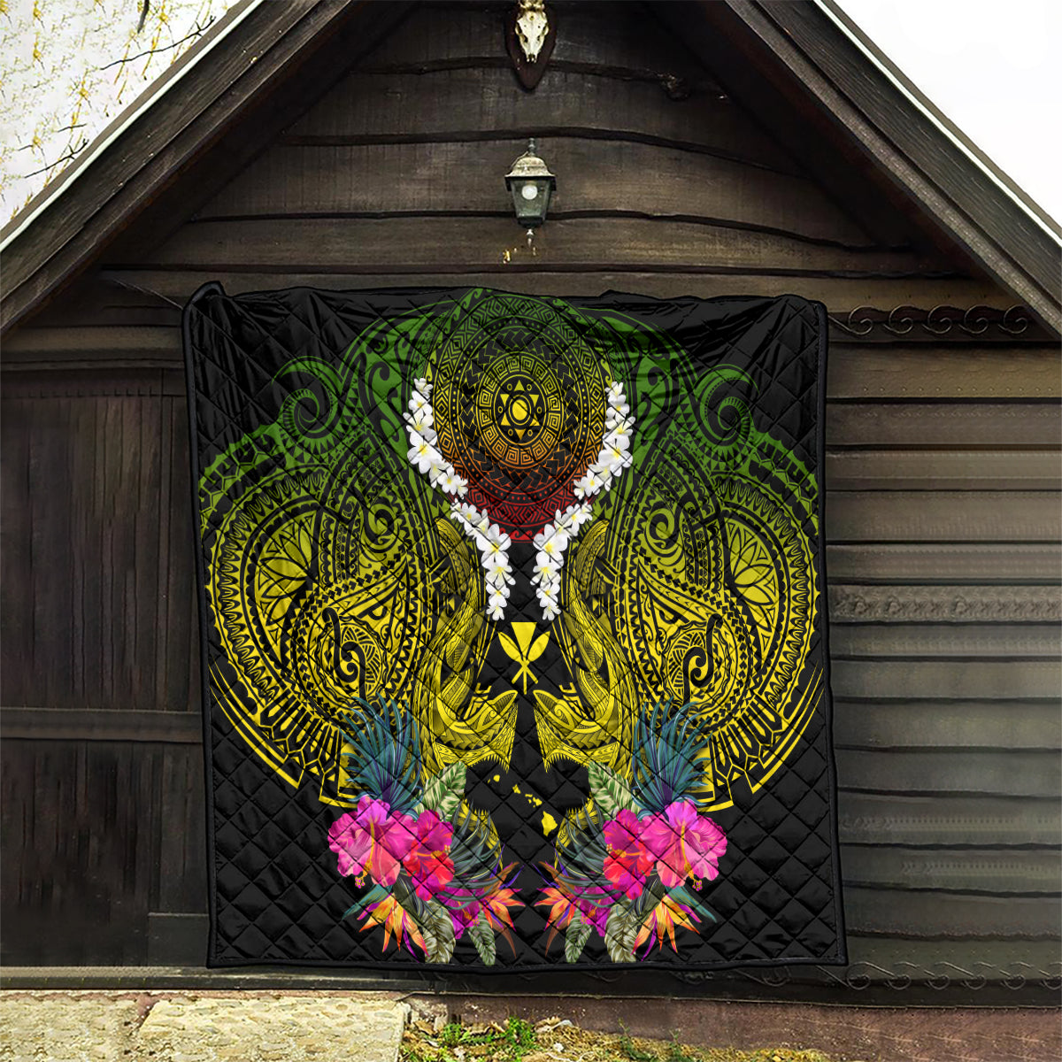 Hawaii Kanaka Maoli Quilt Double Shark and Hibiscus Flowers