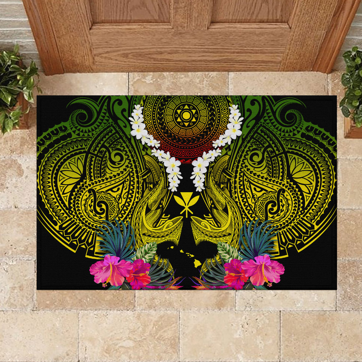 Hawaii Kanaka Maoli Rubber Doormat Double Shark and Hibiscus Flowers
