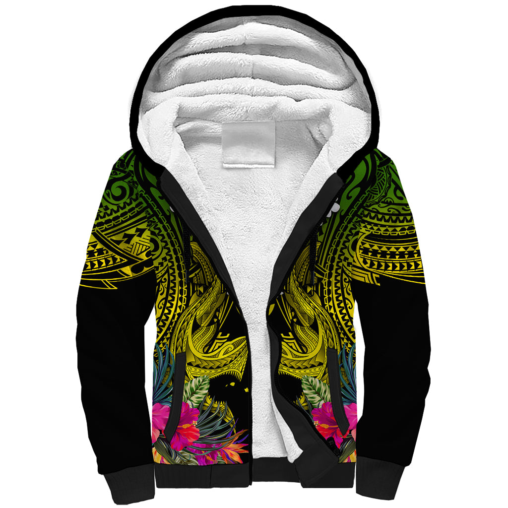Hawaii Kanaka Maoli Sherpa Hoodie Double Shark and Hibiscus Flowers