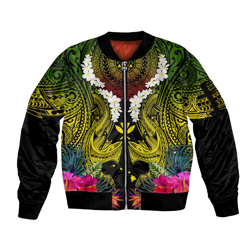 Hawaii Kanaka Maoli Sleeve Zip Bomber Jacket Double Shark and Hibiscus Flowers