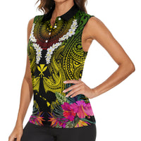 Hawaii Kanaka Maoli Women Sleeveless Polo Shirt Double Shark and Hibiscus Flowers