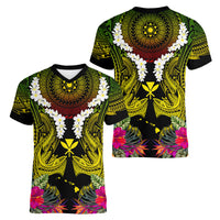 Hawaii Kanaka Maoli Women V-Neck T-Shirt Double Shark and Hibiscus Flowers