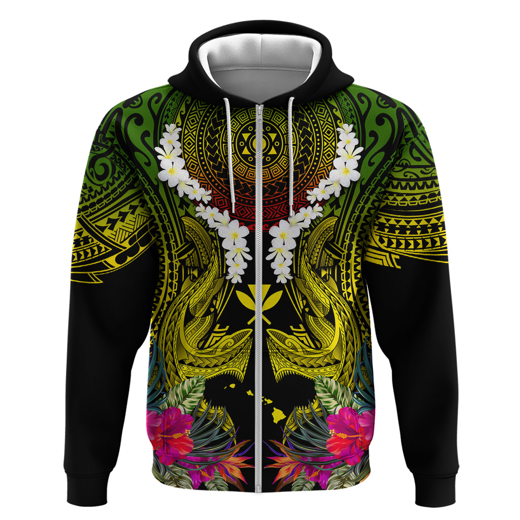 Hawaii Kanaka Maoli Zip Hoodie Double Shark and Hibiscus Flowers