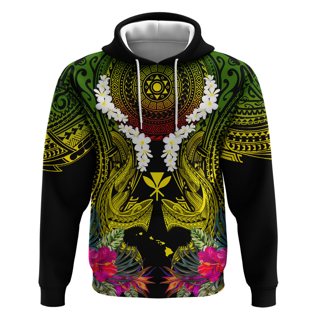 Hawaii Kanaka Maoli Zip Hoodie Double Shark and Hibiscus Flowers