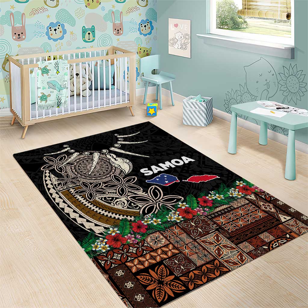 Samoa Siapo Polynesian Art Area Rug Tropical Flowers and Tatau Pattern Brown