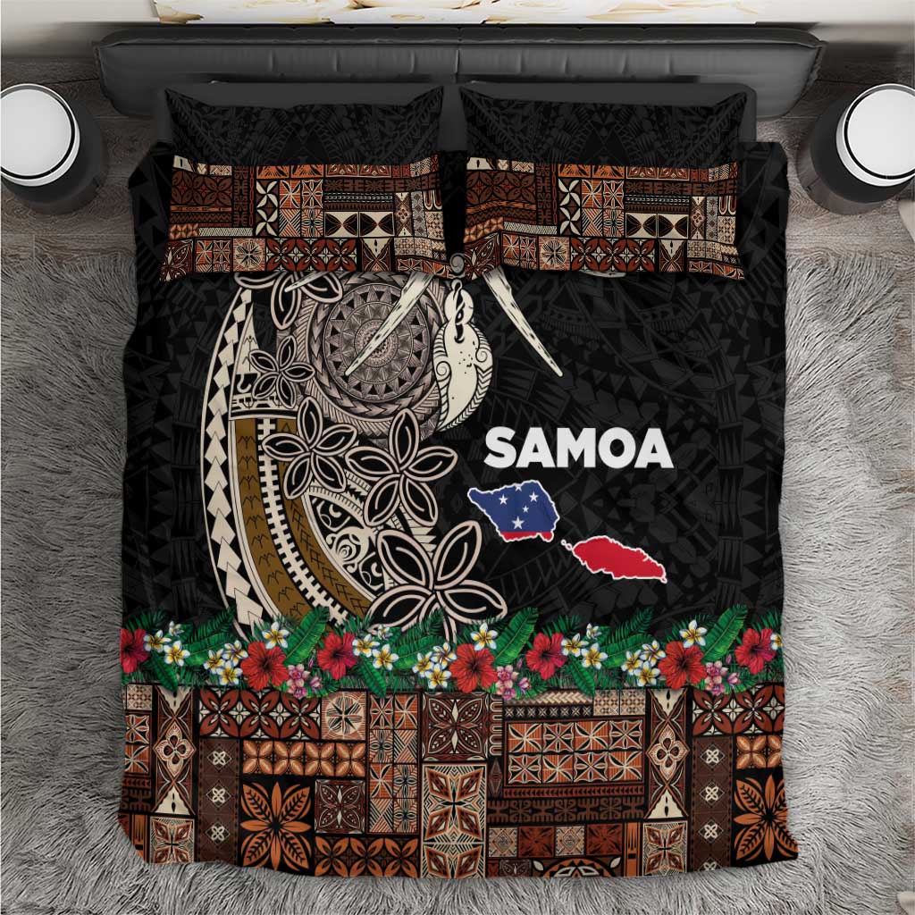 Samoa Siapo Polynesian Art Bedding Set Tropical Flowers and Tatau Pattern Brown