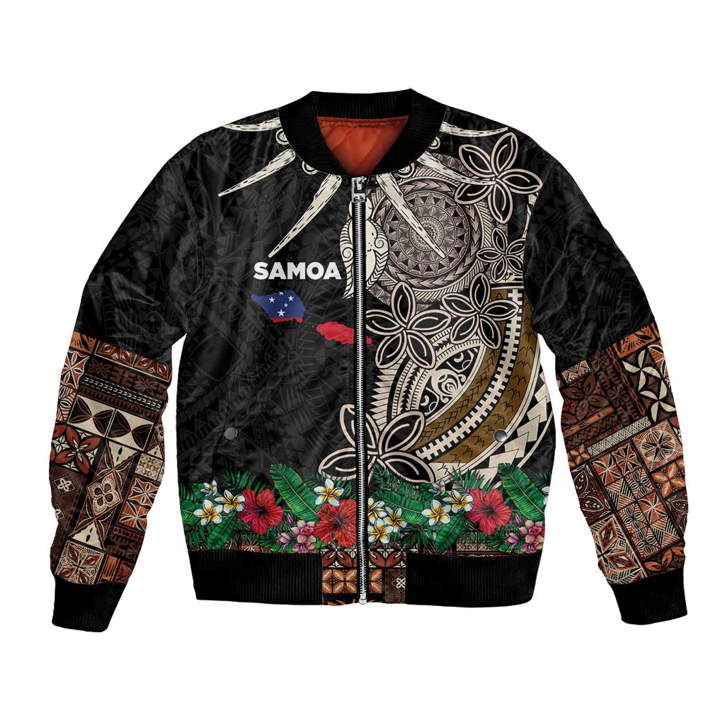 Samoa Siapo Polynesian Art Bomber Jacket Tropical Flowers and Tatau Pattern Brown