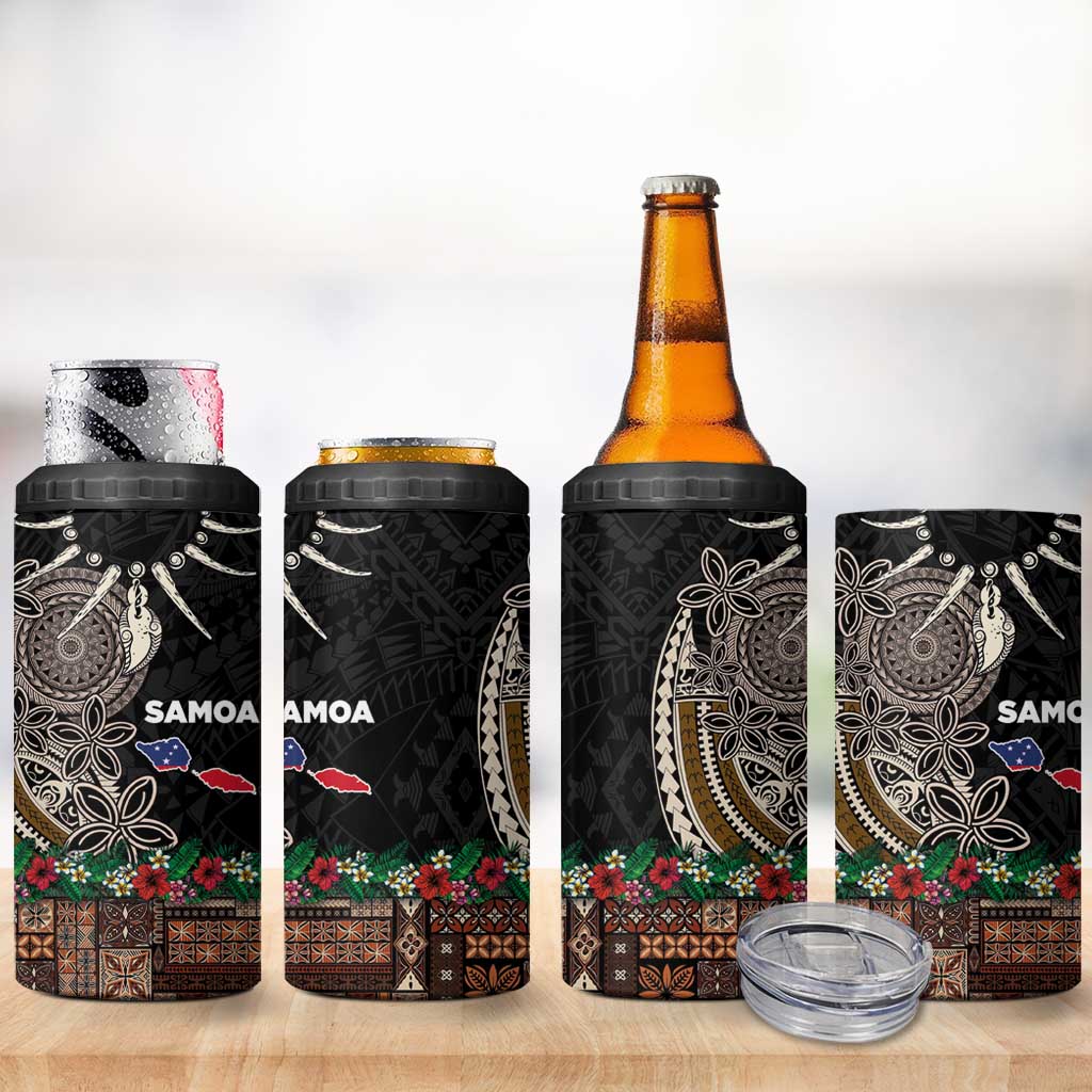 Samoa Siapo Polynesian Art 4 in 1 Can Cooler Tumbler Tropical Flowers and Tatau Pattern Brown