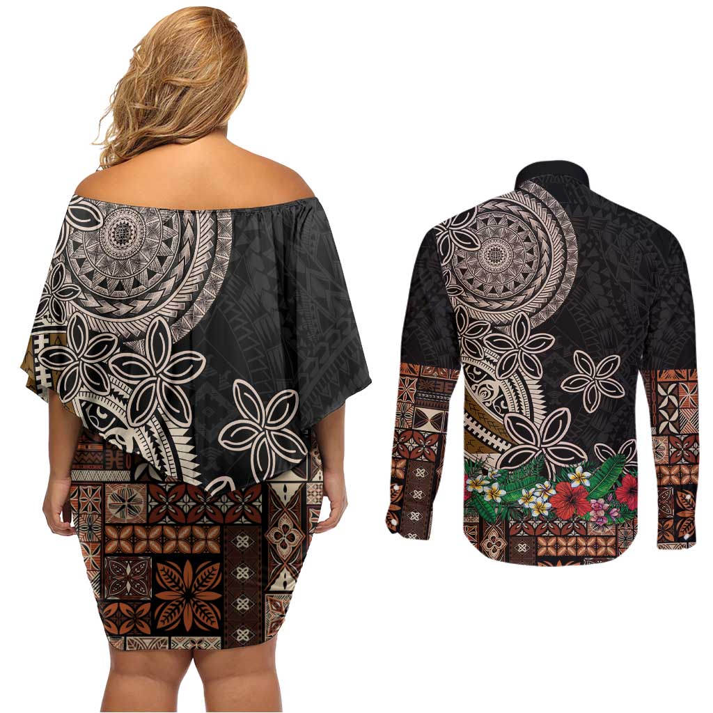 Samoa Siapo Polynesian Art Couples Matching Off Shoulder Short Dress and Long Sleeve Button Shirt Tropical Flowers and Tatau Pattern Brown