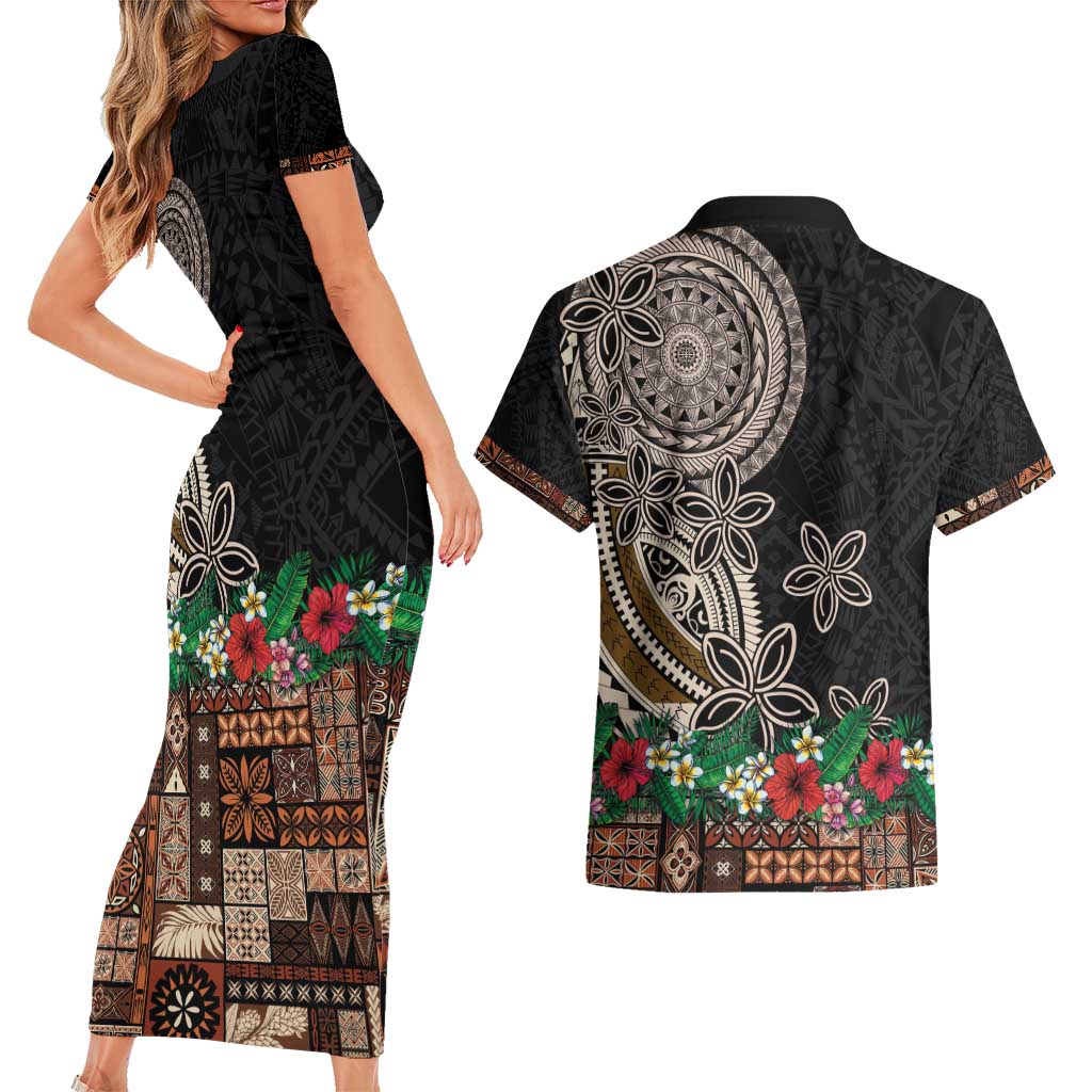 Samoa Siapo Polynesian Art Couples Matching Short Sleeve Bodycon Dress and Hawaiian Shirt Tropical Flowers and Tatau Pattern Brown