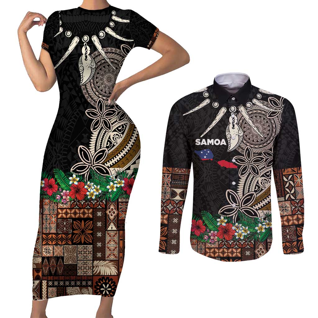 Samoa Siapo Polynesian Art Couples Matching Short Sleeve Bodycon Dress and Long Sleeve Button Shirt Tropical Flowers and Tatau Pattern Brown