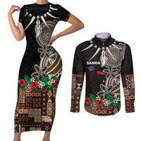 Samoa Siapo Polynesian Art Couples Matching Short Sleeve Bodycon Dress and Long Sleeve Button Shirt Tropical Flowers and Tatau Pattern Brown