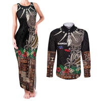 Samoa Siapo Polynesian Art Couples Matching Tank Maxi Dress and Long Sleeve Button Shirt Tropical Flowers and Tatau Pattern Brown