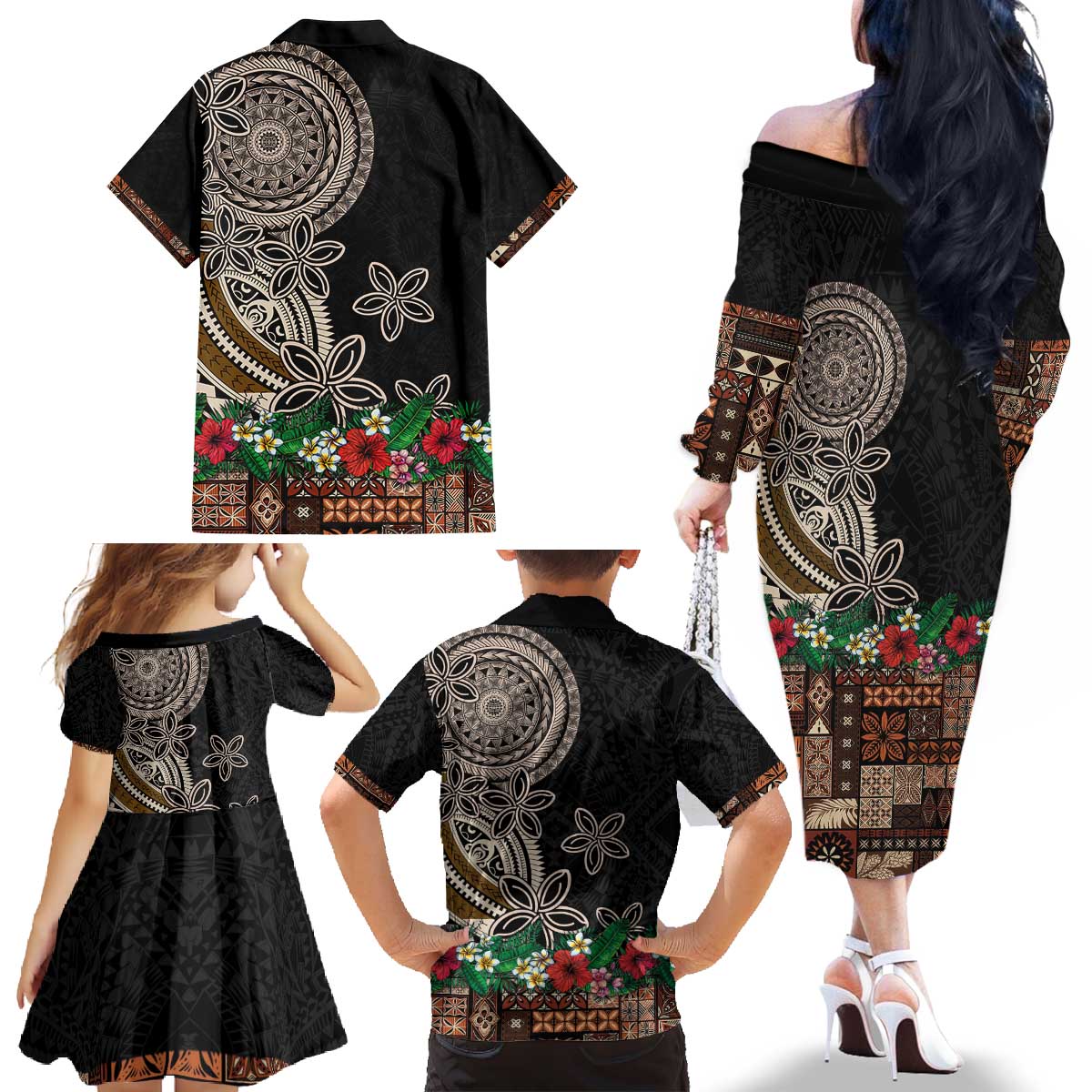 Samoa Siapo Polynesian Art Family Matching Off The Shoulder Long Sleeve Dress and Hawaiian Shirt Tropical Flowers and Tatau Pattern Brown