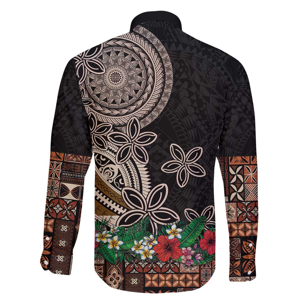 Samoa Siapo Polynesian Art Family Matching Off Shoulder Short Dress and Hawaiian Shirt Tropical Flowers and Tatau Pattern Brown