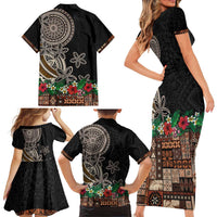 Samoa Siapo Polynesian Art Family Matching Short Sleeve Bodycon Dress and Hawaiian Shirt Tropical Flowers and Tatau Pattern Brown