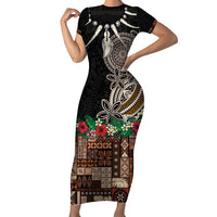 Samoa Siapo Polynesian Art Family Matching Short Sleeve Bodycon Dress and Hawaiian Shirt Tropical Flowers and Tatau Pattern Brown