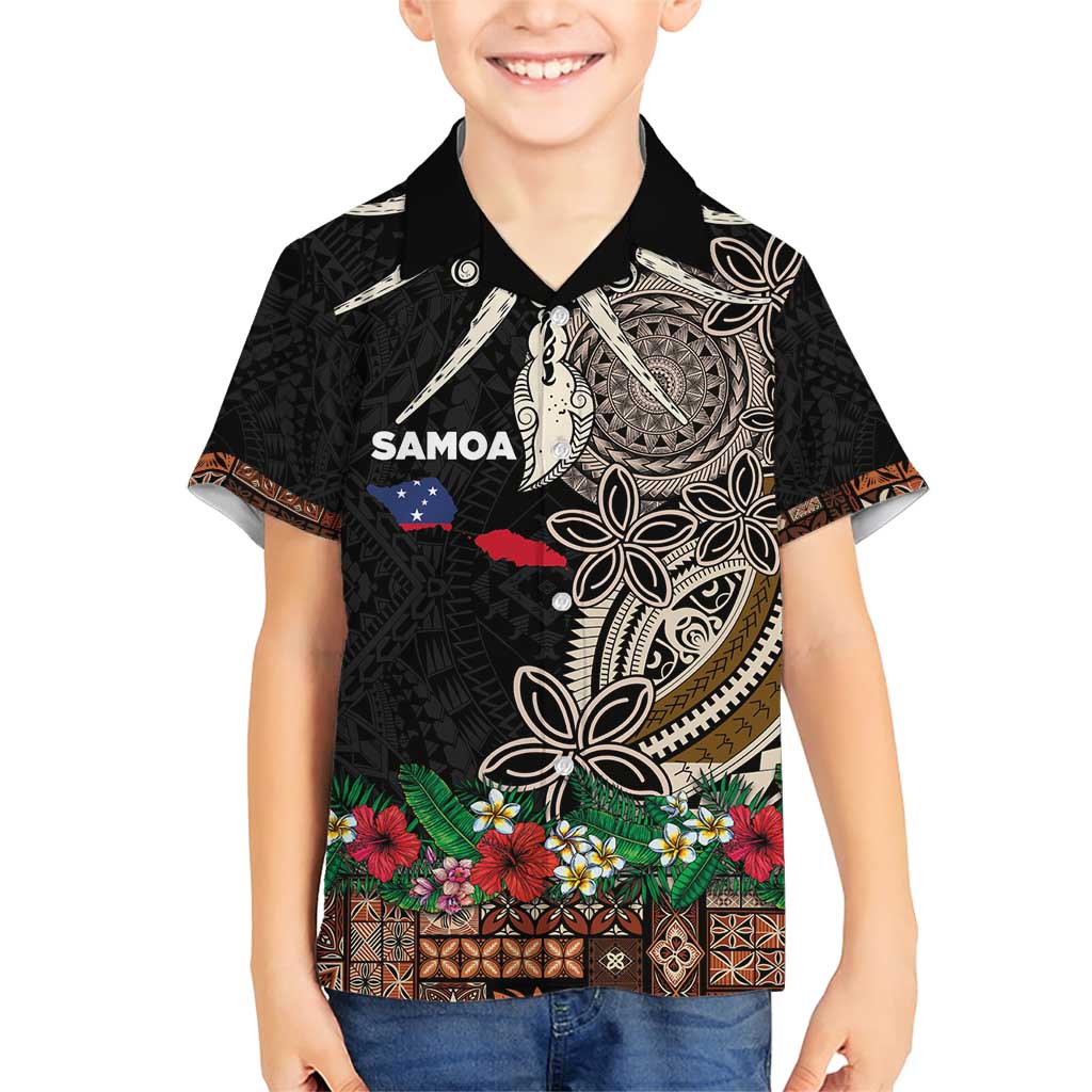 Samoa Siapo Polynesian Art Family Matching Short Sleeve Bodycon Dress and Hawaiian Shirt Tropical Flowers and Tatau Pattern Brown