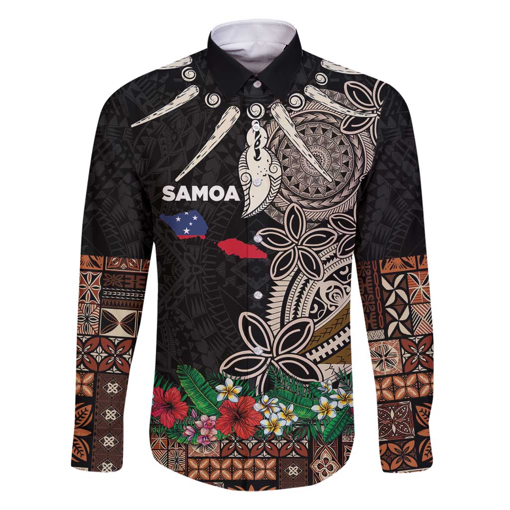 Samoa Siapo Polynesian Art Family Matching Tank Maxi Dress and Hawaiian Shirt Tropical Flowers and Tatau Pattern Brown
