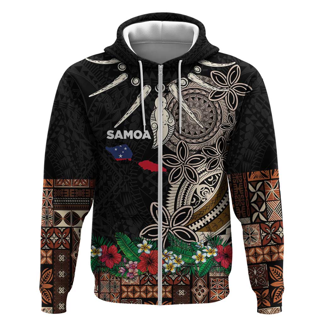 Samoa Siapo Polynesian Art Hoodie Tropical Flowers and Tatau Pattern Brown