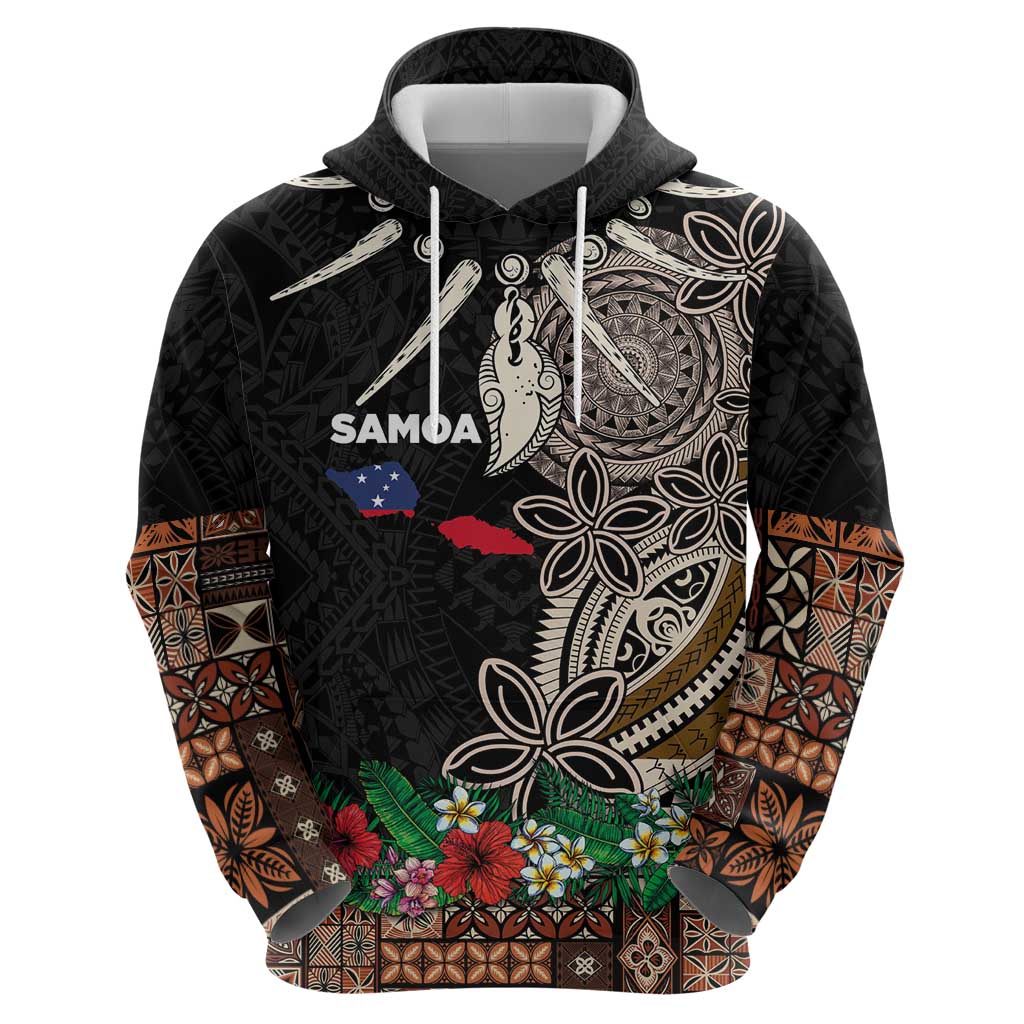 Samoa Siapo Polynesian Art Hoodie Tropical Flowers and Tatau Pattern Brown