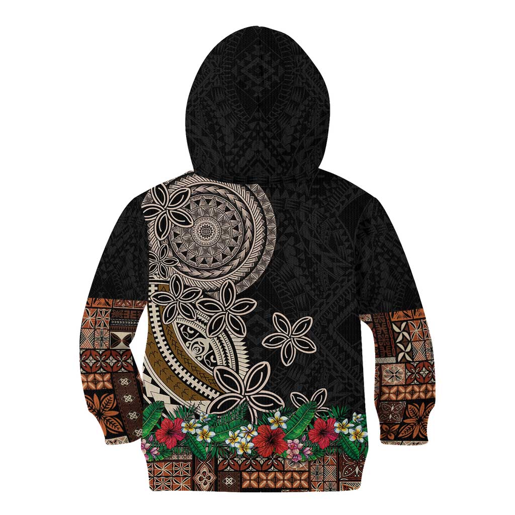 Samoa Siapo Polynesian Art Kid Hoodie Tropical Flowers and Tatau Pattern Brown LT03 - Polynesian Pride